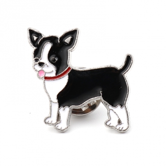 Picture of Pin Brooches Chihuahua Dog Black Enamel 24mm x 23mm, 1 Piece