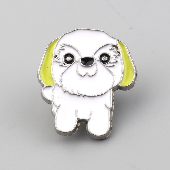 Picture of Pin Brooches Shih Tzu Dog White & Yellow Enamel 25mm x 22mm, 1 Piece