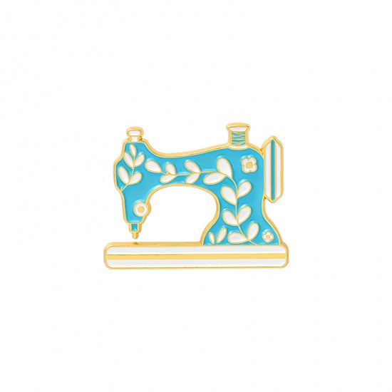 Picture of Pin Brooches Sewing Machine White & Blue Enamel 31mm x 23mm, 1 Piece