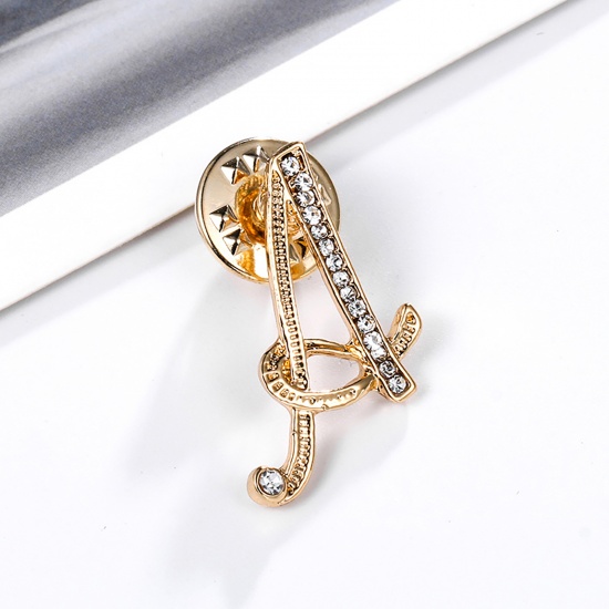 Picture of Pin Brooches Capital Alphabet/ Letter Message " A " Gold Plated Clear Rhinestone 25mm x 18mm, 1 Piece