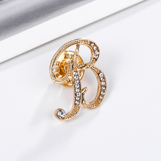 Picture of Pin Brooches Capital Alphabet/ Letter Message " B " Gold Plated Clear Rhinestone 27mm x 20mm, 1 Piece
