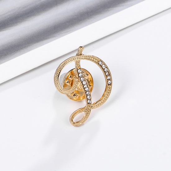 Picture of Pin Brooches Capital Alphabet/ Letter Message " D " Gold Plated Clear Rhinestone 27mm x 20mm, 1 Piece