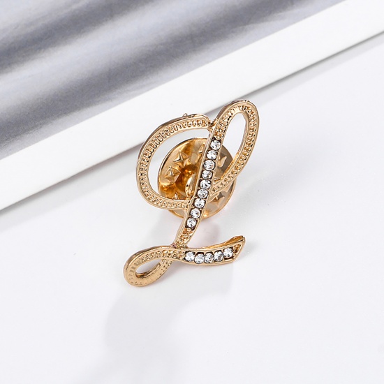 Picture of Pin Brooches Capital Alphabet/ Letter Message " L " Gold Plated Clear Rhinestone 28mm x 18mm, 1 Piece