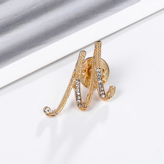 Picture of Pin Brooches Capital Alphabet/ Letter Message " M " Gold Plated Clear Rhinestone 30mm x 27mm, 1 Piece
