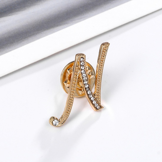 Picture of Pin Brooches Capital Alphabet/ Letter Message " N " Gold Plated Clear Rhinestone 25mm x 20mm, 1 Piece