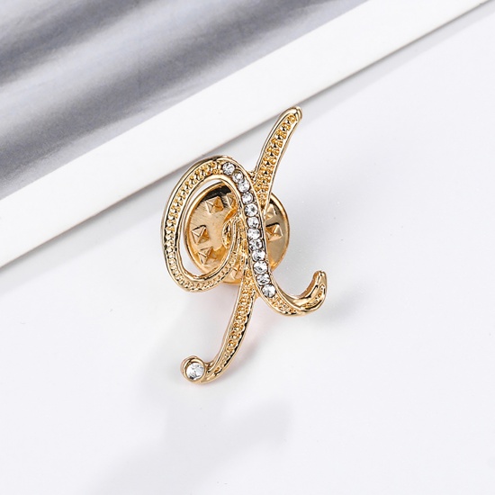 Picture of Pin Brooches Capital Alphabet/ Letter Message " X " Gold Plated Clear Rhinestone 30mm x 19mm, 1 Piece