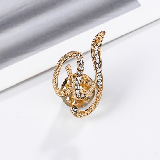 Picture of Pin Brooches Capital Alphabet/ Letter Message " Y " Gold Plated Clear Rhinestone 28mm x 17mm, 1 Piece