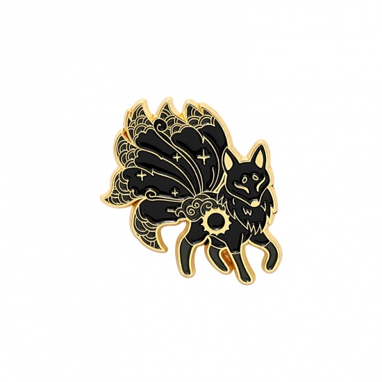 Picture of Pin Brooches Fox Animal Gold Plated Black Enamel 28mm x 28mm, 1 Piece