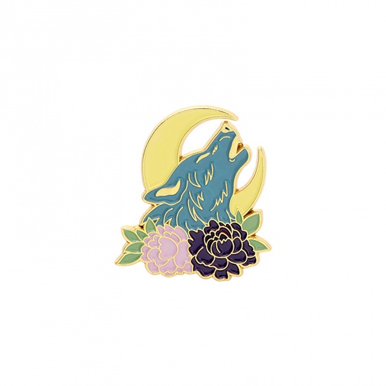 Picture of Pin Brooches Wolf Flower Gold Plated Multicolor Enamel 31mm x 28mm, 1 Piece