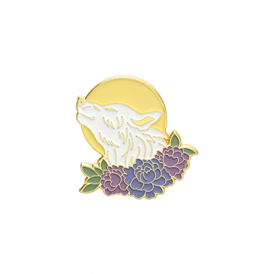 Picture of Pin Brooches Wolf Flower Gold Plated Multicolor Enamel 28mm x 28mm, 1 Piece