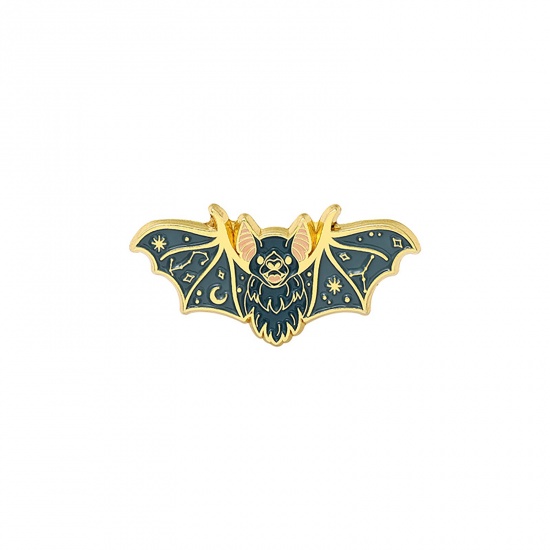 Picture of Pin Brooches Halloween Bat Animal Gold Plated Navy Blue Enamel 31mm x 15mm, 1 Piece