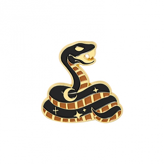Picture of Pin Brooches Snake Animal Gold Plated Brown & Black Enamel 31mm x 28mm, 1 Piece