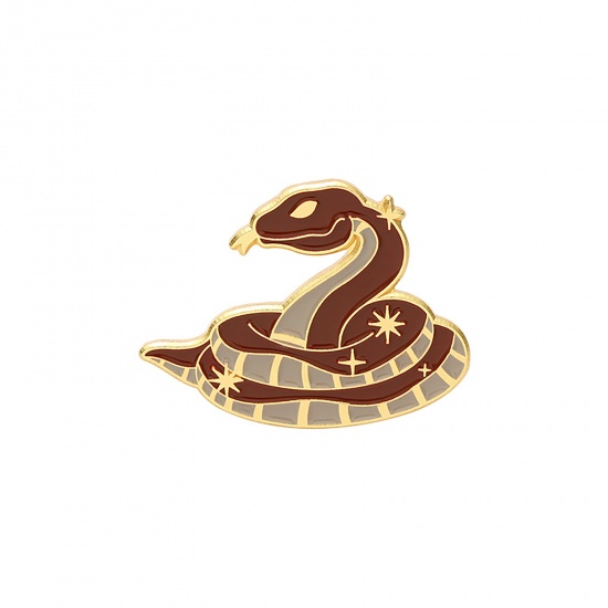 Picture of Pin Brooches Snake Animal Gold Plated Gray & Brown Enamel 31mm x 23mm, 1 Piece