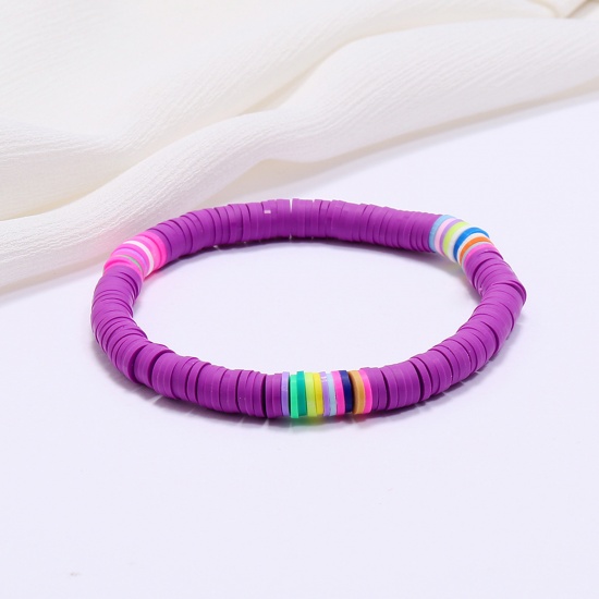 Picture of Polymer Clay Boho Chic Bohemia Dainty Bracelets Delicate Bracelets Beaded Bracelets Purple Round 18cm(7 1/8") long, 1 Piece