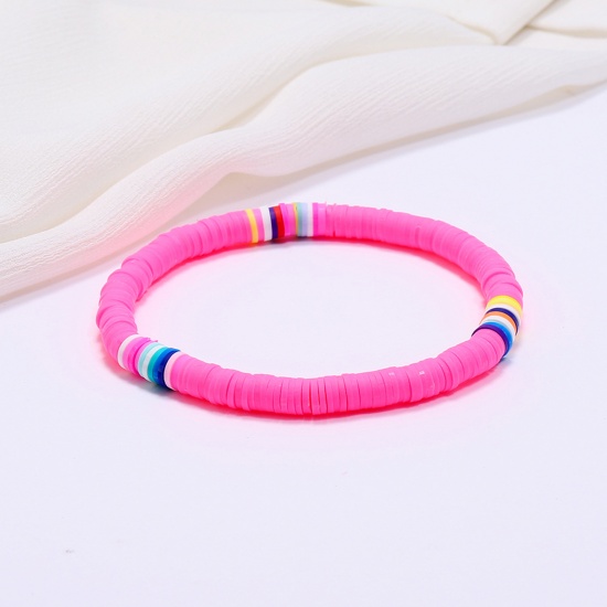 Picture of Polymer Clay Boho Chic Bohemia Dainty Bracelets Delicate Bracelets Beaded Bracelets Neon Pink Round 18cm(7 1/8") long, 1 Piece