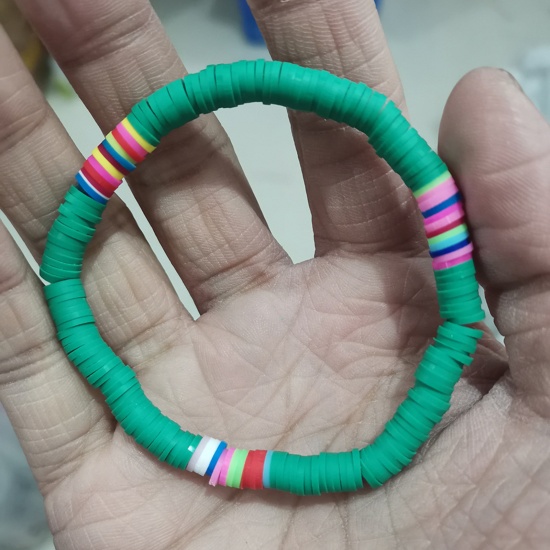 Picture of Polymer Clay Boho Chic Bohemia Dainty Bracelets Delicate Bracelets Beaded Bracelets Green Round 18cm(7 1/8") long, 1 Piece