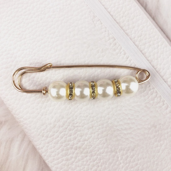 Image de Broche Epingle en Acrylique Broche Doré Blanc Imitation Perles à Strass Transparent 7.5cm, 1 Pièce