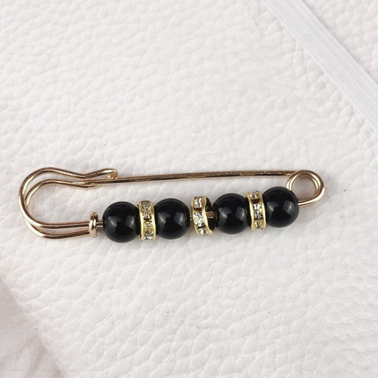 Image de Broche Epingle en Acrylique Broche Doré Noir Imitation Perles à Strass Transparent 7.5cm, 1 Pièce