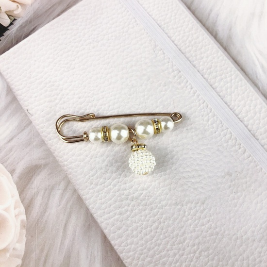 Image de Broche Epingle en Acrylique Broche Doré Blanc Imitation Perles à Strass Transparent 5.8cm, 1 Pièce