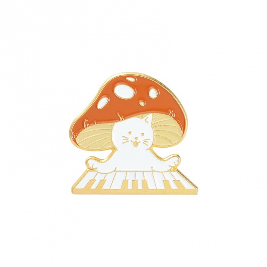 Picture of Pin Brooches Mushroom Cat Gold Plated White & Orange Enamel 28mm x 25mm, 1 Piece