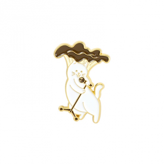 Picture of Pin Brooches Mushroom Cat Gold Plated White & Coffee Enamel 28mm x 18mm, 1 Piece