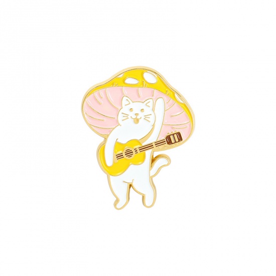 Picture of Pin Brooches Mushroom Cat Gold Plated White & Yellow Enamel 28mm x 23mm, 1 Piece