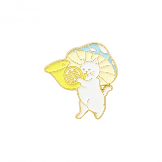 Picture of Pin Brooches Mushroom Cat Gold Plated White & Yellow Enamel 28mm x 25mm, 1 Piece
