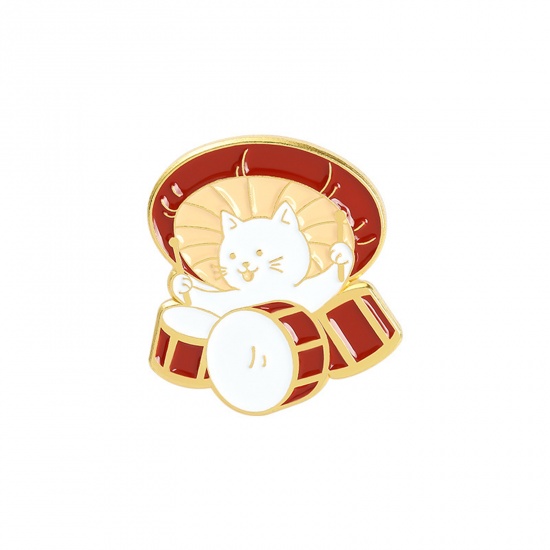 Picture of Pin Brooches Mushroom Cat Gold Plated Orange-red Enamel 28mm x 23mm, 1 Piece