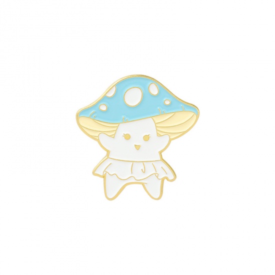 Picture of Pin Brooches Mushroom Gold Plated White & Blue Enamel 28mm x 25mm, 1 Piece