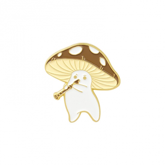 Picture of Pin Brooches Mushroom Gold Plated White & Coffee Enamel 28mm x 25mm, 1 Piece