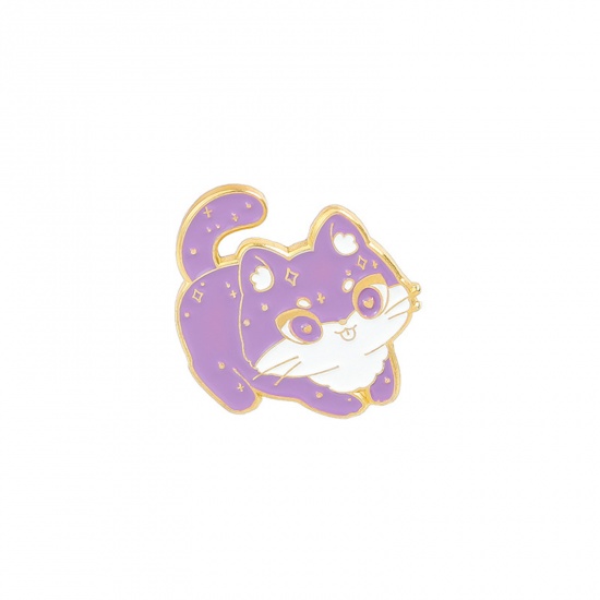 Picture of Pin Brooches Cat Animal White & Purple Enamel 25mm x 25mm, 1 Piece