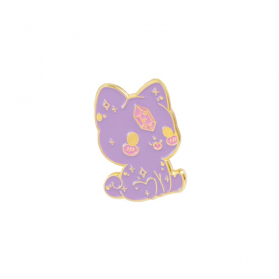 Picture of Pin Brooches Cat Animal Purple Enamel 28mm x 18mm, 1 Piece