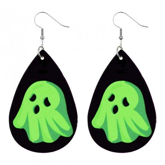 Picture of PU Leather Earrings Black & Green Drop Halloween Ghost 78mm x 37mm, 1 Pair