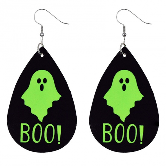 Picture of PU Leather Earrings Black & Green Drop Halloween Ghost Message " Boo " 78mm x 37mm, 1 Pair