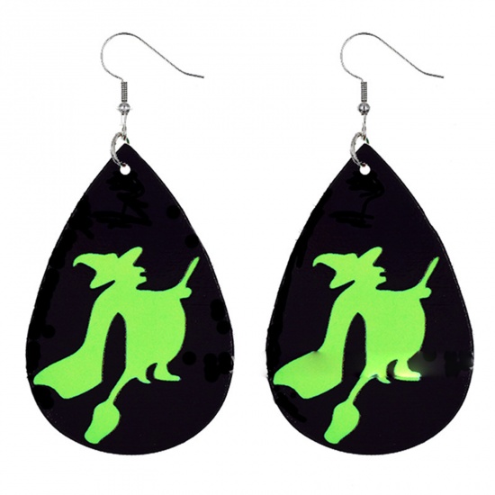 Picture of PU Leather Earrings Black & Green Drop Halloween Witch 78mm x 37mm, 1 Pair