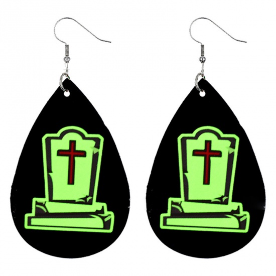 Picture of PU Leather Earrings Black & Green Drop Halloween Tombstone 78mm x 37mm, 1 Pair