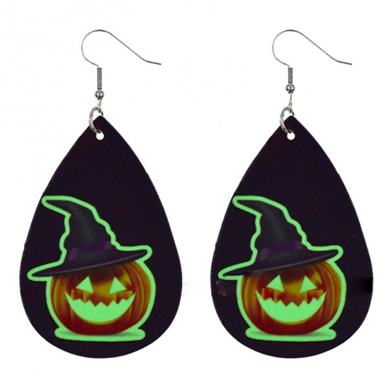 Picture of PU Leather Earrings Black & Green Drop Halloween Pumpkin 78mm x 37mm, 1 Pair