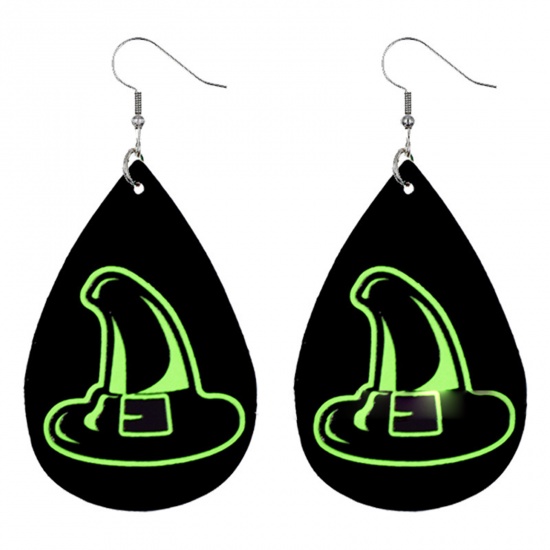 Picture of PU Leather Earrings Black & Green Halloween Witch Hat Drop 78mm x 37mm, 1 Pair