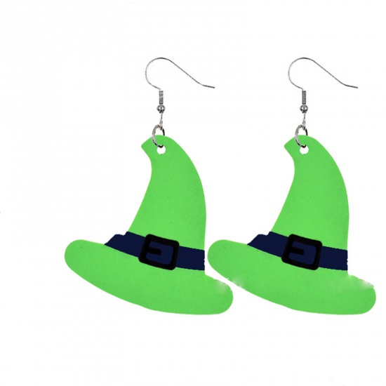 Picture of PU Leather Earrings Black & Green Halloween Witch Hat 62mm x 42mm, 1 Pair