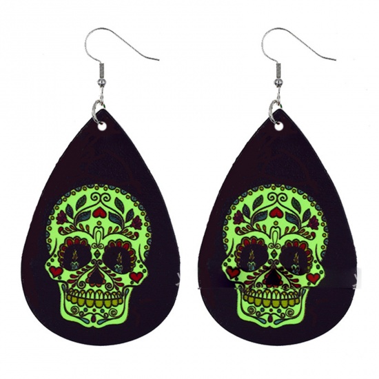 Picture of PU Leather Halloween Earrings Black & Green Drop Skull 78mm x 37mm, 1 Pair