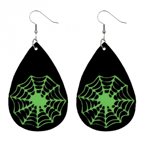 Picture of PU Leather Earrings Black & Green Drop Halloween Cobweb 78mm x 37mm, 1 Pair