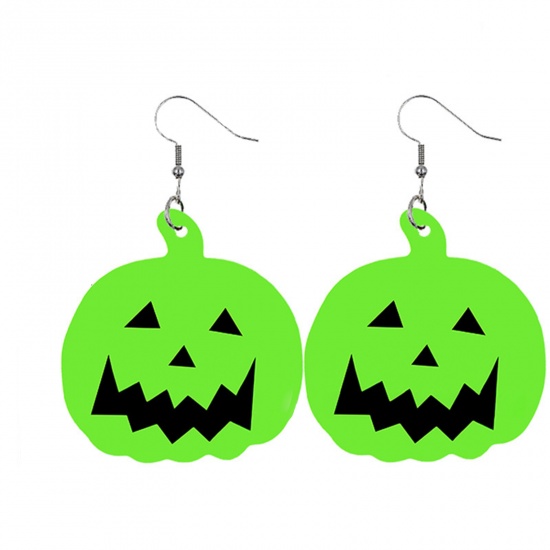 Picture of PU Leather Earrings Black & Green Halloween Pumpkin 61mm x 41mm, 1 Pair