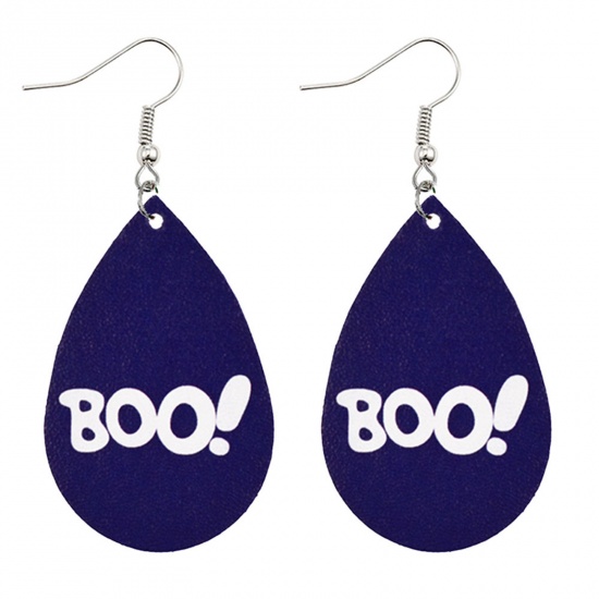 Picture of PU Leather Halloween Earrings Navy Blue Drop Message " Boo " 78mm x 37mm, 1 Pair