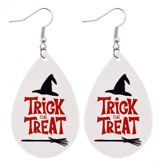 Picture of PU Leather Earrings White & Red Halloween Witch Hat Drop 78mm x 37mm, 1 Pair