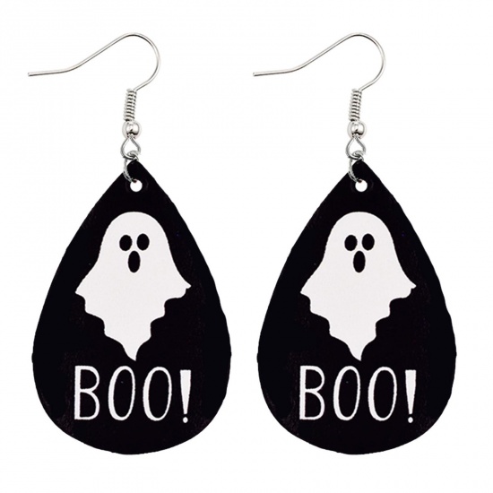 Picture of PU Leather Earrings Black & White Drop Halloween Ghost Message " Boo " 78mm x 37mm, 1 Pair