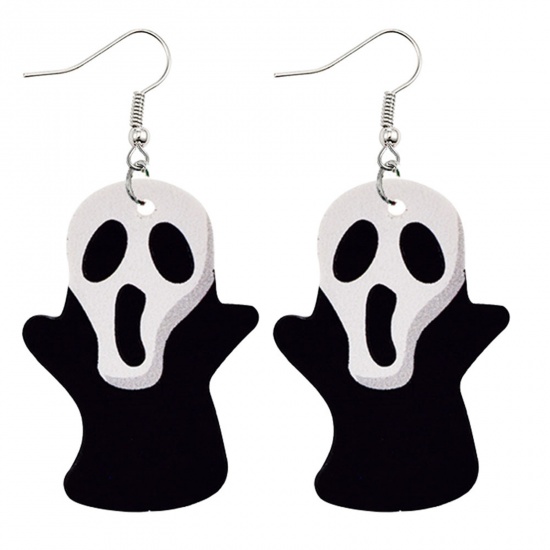 Picture of PU Leather Earrings Black & White Halloween Ghost 62mm x 32mm, 1 Pair