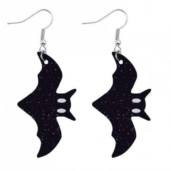 Picture of PU Leather Earrings Black Halloween Bat Animal Glitter 77mm x 34mm, 1 Pair