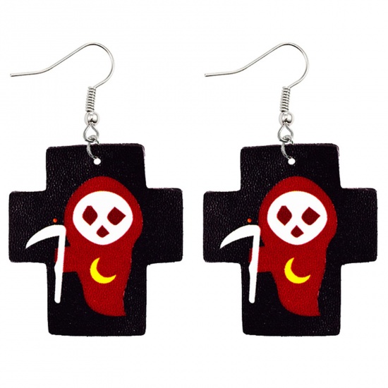 Picture of PU Leather Earrings Black & Red Cross Halloween Ghost 74mm x 49mm, 1 Pair