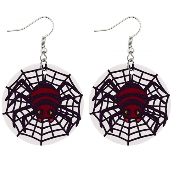 Picture of PU Leather Earrings Black & White Halloween Cobweb 62mm x 42mm, 1 Pair