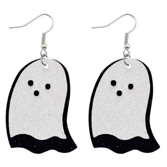 Picture of PU Leather Earrings Black & White Halloween Ghost Glitter 71mm x 34mm, 1 Pair